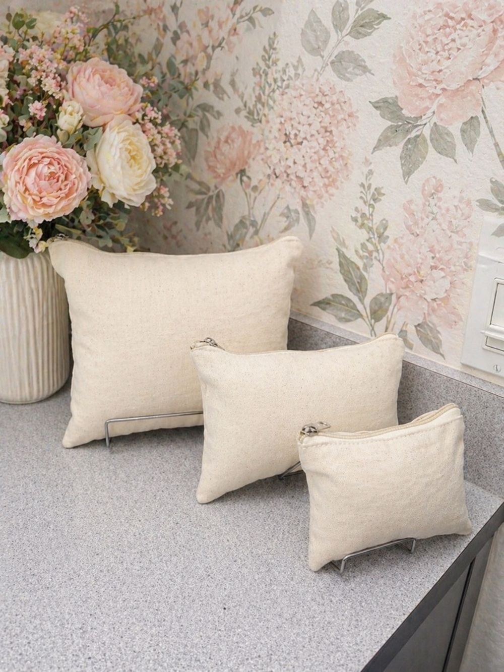 Custom Made 3 Different Sizes Beige Canvas Purse Pillow Bundle - Brand New!!!